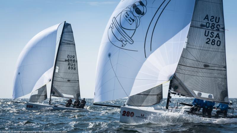 Igor Rytov's RUSSIAN BOGATYRS (RUS-898) and Bob Moran's BOBSLED (USA-280) blast downwind on day 2 of the Melges 20 Worlds at Newport, R.I photo copyright Melges 20 World Championship / Barracuda communication taken at New York Yacht Club and featuring the Melges 20 class