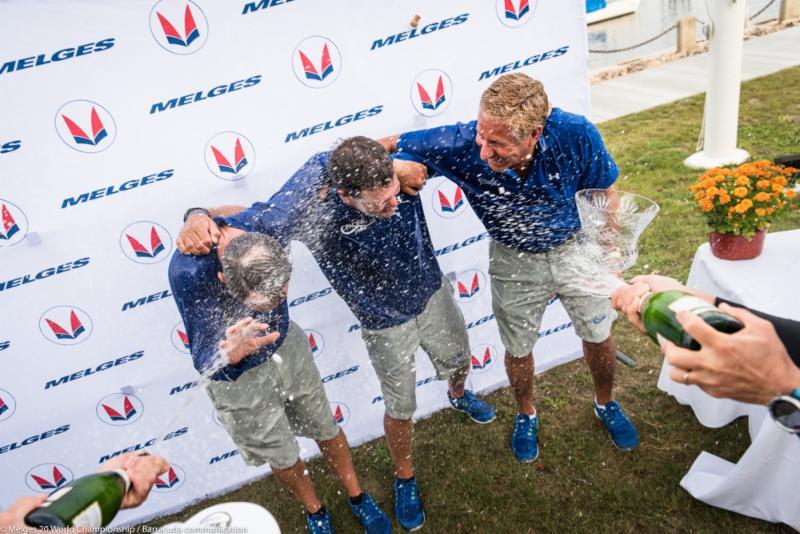 Freides and his teammates Charlie Smythe and Morgan Reeser enjoy a champagne celebration at the Melges 20 Worlds at Newport, R.I photo copyright Melges 20 World Championship / Barracuda communication taken at New York Yacht Club and featuring the Melges 20 class