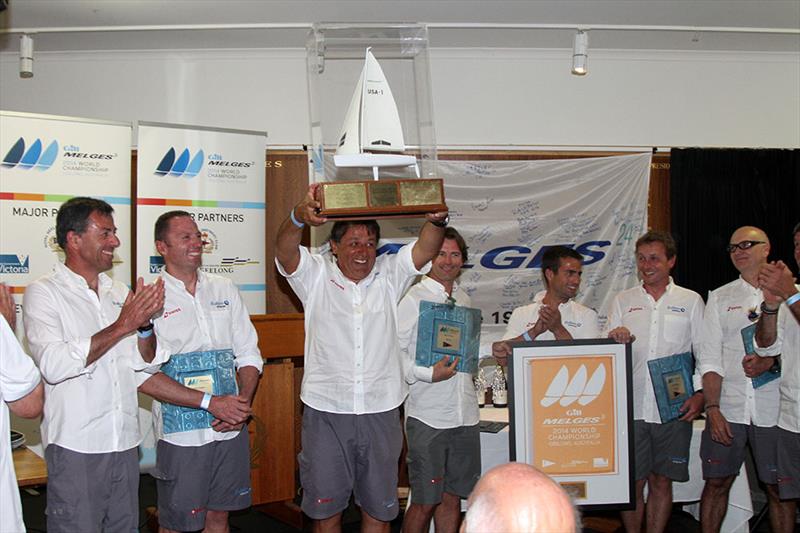 Open Division 1st Place - Blu Moon (Flavio Favini) owner Franco Rossini raises the trophy in the Gill Melges 24 World Championships at Geelong photo copyright Teri Dodds taken at Royal Geelong Yacht Club and featuring the Melges 24 class