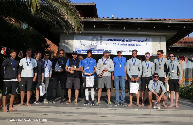 Top 3 overall podium at the Melges 24 European Sailing Series in Portoroz photo copyright IM24CA / ZGN / Andrea Carloni taken at Yachting Club Portorož and featuring the Melges 24 class