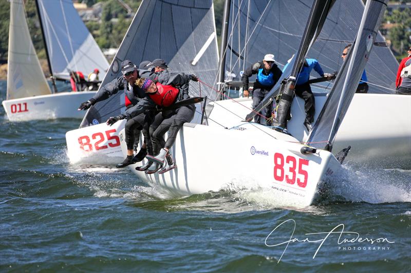 Mikey USA835, Warcanoe USA825 and Goes to Eleven CAN011 grinding out a beat at the windy North American (NorAm) Championship on the enchanted Columbia Gorge - photo © Jan Anderson Photography