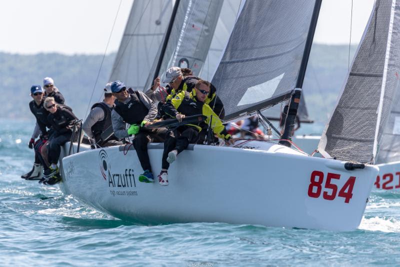 Gian Luca Luca Perego's Maidollis ITA854 with Carlo Fracassoli in helm is on the second position two points separating them from the leader - 2018 Melges 24 European Sailing Series - Day 1 photo copyright IM24CA / ZGN taken at Yacht Club Marina Portorož and featuring the Melges 24 class