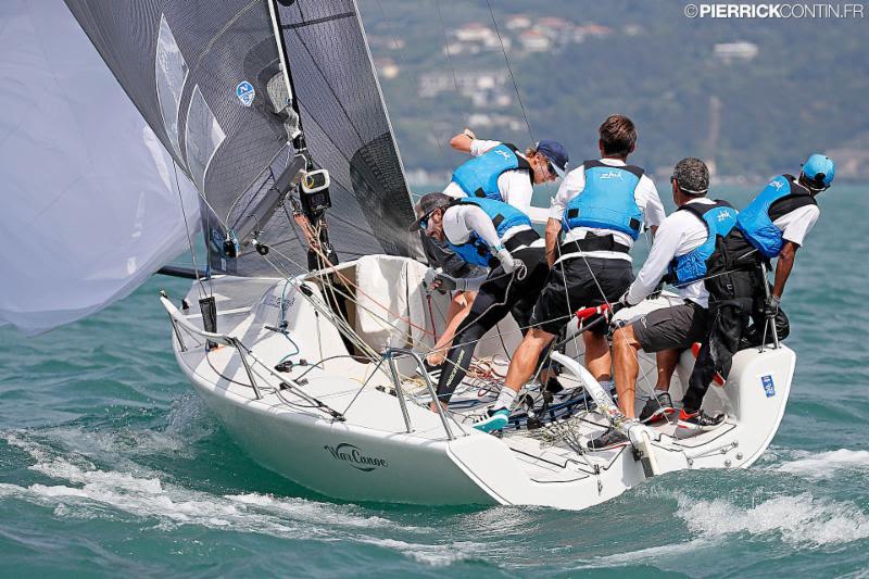 Mike Goldfarb's War Canoe that concluded the first race of today just a couple of lengths behind Maidollis after a challenging duel that went on all through the regatta, is on the fourth place after seven races - Melges 24 European Championship 2018 photo copyright Pierrick Contin taken at Fraglia Vela Riva and featuring the Melges 24 class