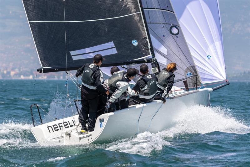 After day 1 of the Melges 24 European Sailing Series at Garda, the German entry Nefeli of Peter Karrie finishes in third photo copyright Zerogradinord / IM24CA taken at Fraglia Vela Riva and featuring the Melges 24 class