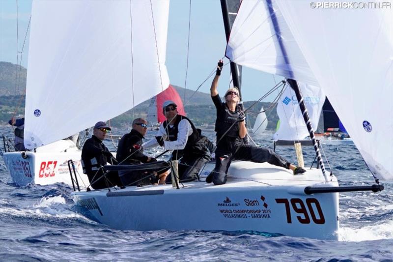 Estonians on Tõnu Tõniste's Lenny EST790 are the strong leaders of the Corinthian division, closing the overall Top 5, tied on points with American Michael Goldfarb's Warcanoe USA841 being on fourth position photo copyright Pierrick Contin / IM24CA taken at Lega Navale Italiana and featuring the Melges 24 class