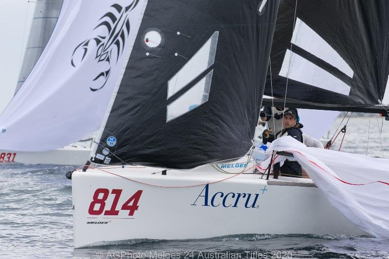 Glenda and Kevin Nixon's Accru during a spinnaker drop - 2020 Australian Melges 24 Nationals, day 3 photo copyright Ally Graham taken at Adelaide Sailing Club and featuring the Melges 24 class