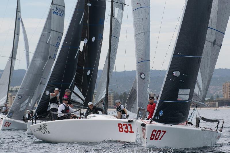 Sandy Higgins' Scorpius and Robin Deussen's Red Mist are neck-and-neck going into the final day of racing - 2020 Australian Melges 24 Nationals, day 3 photo copyright Ally Graham taken at Adelaide Sailing Club and featuring the Melges 24 class