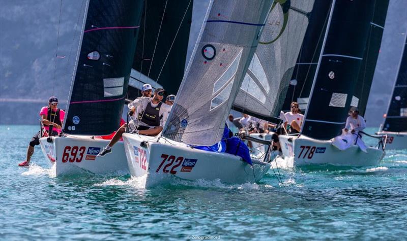 Andrea Racchelli's Altea ITA722 is leading the pack getting the bullet on today's second race - 2020 Melges 24 European Sailing Series Event #1 in Torbole, Italy - photo © Zerogradinord / IM24CA