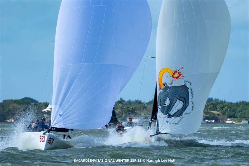 Bacardi Winter Series - An intense battle between Dark Horse (863) and Bombarda (865) photo copyright Hannah Lee Noll taken at Shake-A-Leg Miami and featuring the Melges 24 class