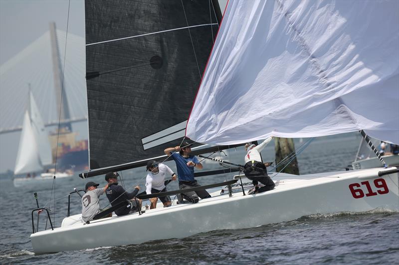 Anthony Kotoun, a new owner, helms Stepping Razor to lead the 16-strong Melges 24 fleet - 2024 Charleston Race Week photo copyright Joy Dunigan CRW2024 taken at Charleston Yacht Club and featuring the Melges 24 class