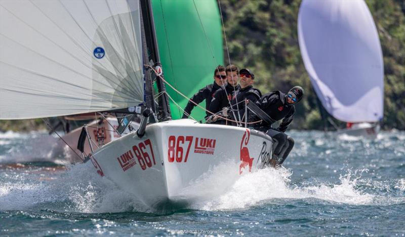 Lukasz Podniesinski's Razjaren CRO867 with Ante Cesic helming and Tonci Knezovic, Marin Plecas and Antonio Milisic in crew - 2025 Melges 24 European Sailing Series / Italian Open Championship - Fraglia Vela Riva, Riva del Garda, ITA - photo © IM24CA | Zerogradinord