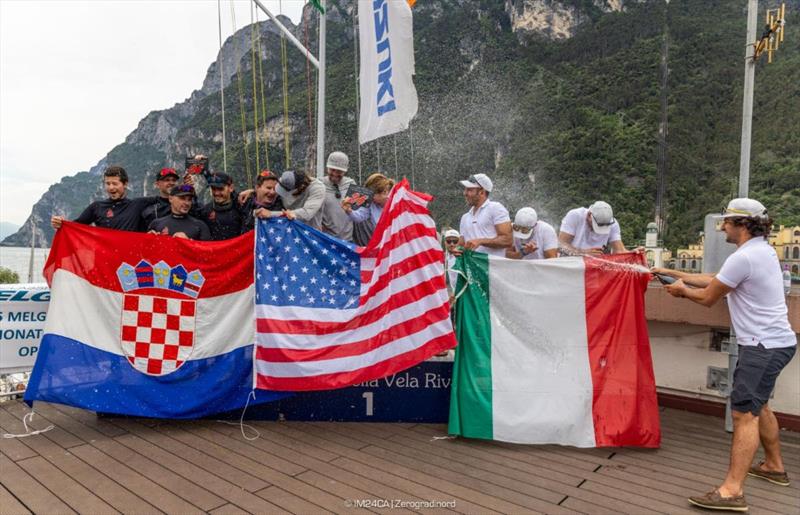 Overall podium: Dark Energy (USA), Razjaren (CRO), Melgina (ITA) - 2025 Melges 24 European Sailing Series / Italian Open Championship - Fraglia Vela Riva, Riva del Garda, ITA - photo © IM24CA | Zerogradinord