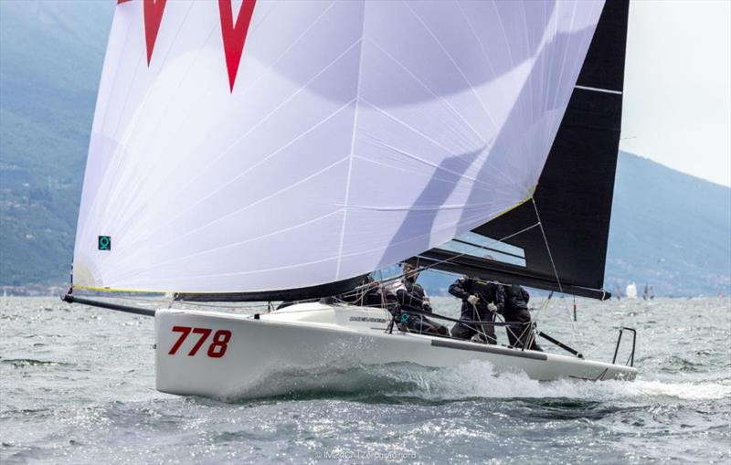 Marco Zammarchi's Taki 4 ITA778 with Niccolo Bertola helming and Lorenzo Di Carlo, Giovanni Bannetta, Giacomo Fossati in crew - 2025 Melges 24 European Sailing Series / Italian Open Championship - Fraglia Vela Riva, Riva del Garda, ITA - photo © IM24CA | Zerogradinord