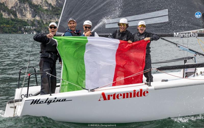 Paolo Brescia's Melgina ITA854 with Simone Ferrarese, Jas Farneti, Matija Succi and Filippo Vulcanile - 2025 Melges 24 European Sailing Series / Italian Open Championship - Fraglia Vela Riva, Riva del Garda, ITA - photo © IM24CA | Zerogradinord