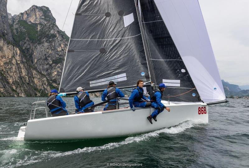 Laura Grondin's Dark Energy USA868 with Taylor Canfield, Ian Liberty, Nick Ford, and Mac Agnese - 2025 Melges 24 European Sailing Series / Italian Open Championship - Fraglia Vela Riva, Riva del Garda, ITA - photo © IM24CA | Zerogradinord