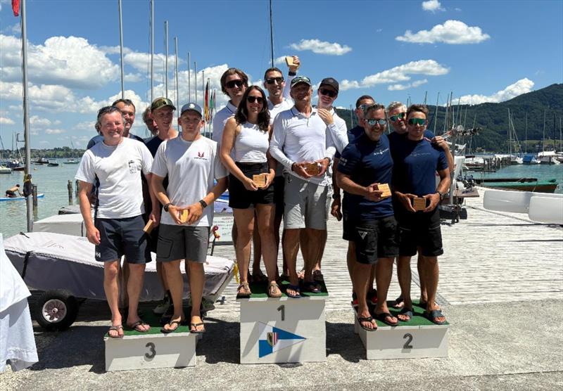 Melges 24 podium at the Melges 24 Nationals on Attersee - Michael Tarabochia's White Room (GER677), Akos Csolto's Chinook (HUN850) and Michael Luschan's AUT502 - Melges 24 European Sailing Series / Melges 24 Austrian Nationals 2025 - Attersee, Austria photo copyright Segelclub Kammersee taken at  and featuring the Melges 24 class