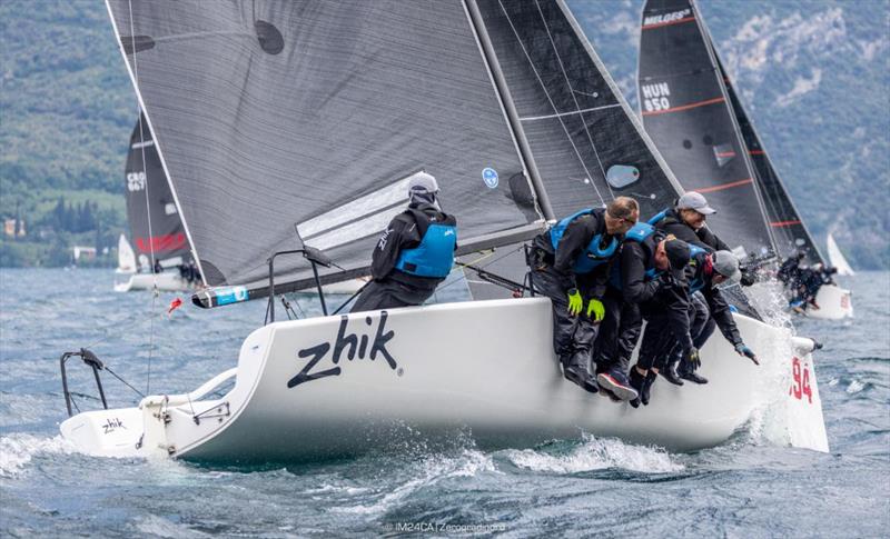 Miles Quinton's Zhik Race Team GBR694 with Geoff carveth, Tracey Covell, Freddie Cowell, Oliver Wells - 2025 Melges 24 European Sailing Series / Italian Open Championship - Fraglia Vela Riva, Riva del Garda, ITA photo copyright IM24CA | Zerogradinord taken at Fraglia Vela Riva and featuring the Melges 24 class