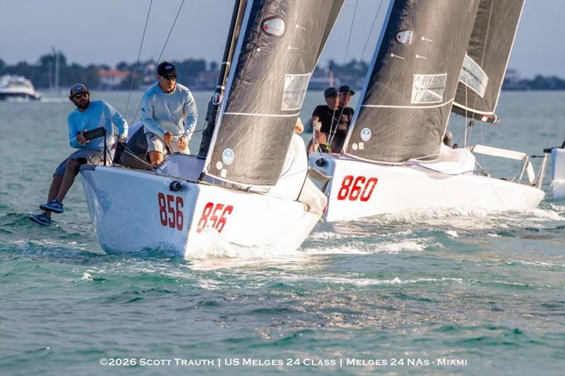 Geoff Fargo's SENTINEL (USA856) and NIKA (MON860) with Christian Schwoerer at the helm - Melges 24 North American Championship 2025, Bacardi Winter Series 2026 Event No 1 - Miami, FL, USA photo copyright Scott Trauth taken at  and featuring the Melges 24 class