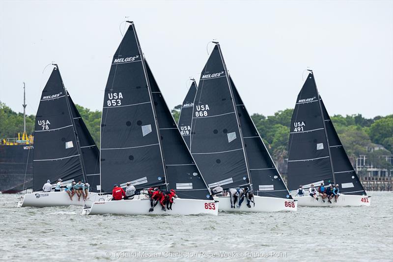 Bow-to-bow off the line in Charleston—Corinthian Melges 24 teams mixing it up with the front-runners as Laura Grondin's Dark Energy and Dick Kalow's Mustang lead the charge. Big fleets, tight racing, and more to come in 2026 photo copyright Ty Baird Media / Charleston Race Week at Patriots Point taken at  and featuring the Melges 24 class