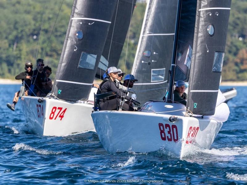 Chelsea Simms at the helm of Straightarrow leads Bora Gulari's Mavi into a tightly contested top-mark rounding at the 2026 Melges 24 World Championship in Harbor Springs. With Mavi entering Worlds atop the Quantum Sails Great Lakes Cup standings - photo © Zerogradinord / International Melges 24 Class Association