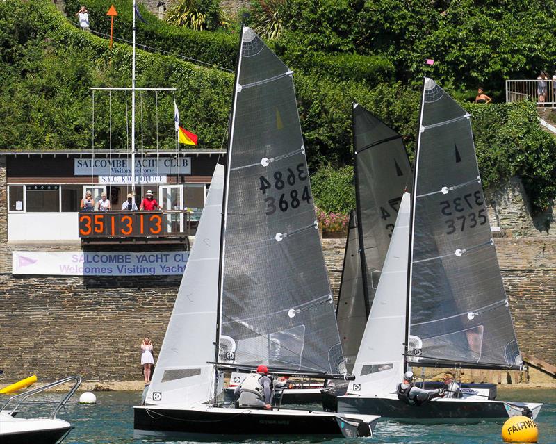 Sharps Doom Bar Salcombe Merlin Week day 5 (morning race) - first four boats finishing very close photo copyright John Murrell / www.moor2seaeventphotography.co.uk taken at Salcombe Yacht Club and featuring the Merlin Rocket class