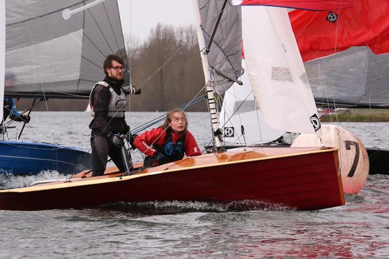 Matt Smith and Aimee Alsopp hoisting during Merlin Rocket Craftinsure Silver Tiller Round 1 at Burghfield photo copyright Mike Proven taken at Burghfield Sailing Club and featuring the Merlin Rocket class