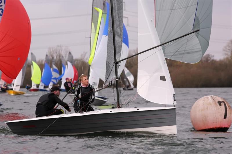 All focus for Andy Davis and Pippa Kilsby as they take Merlin Rocket Craftinsure Silver Tiller Round 1 at Burghfield photo copyright Mike Proven taken at Burghfield Sailing Club and featuring the Merlin Rocket class