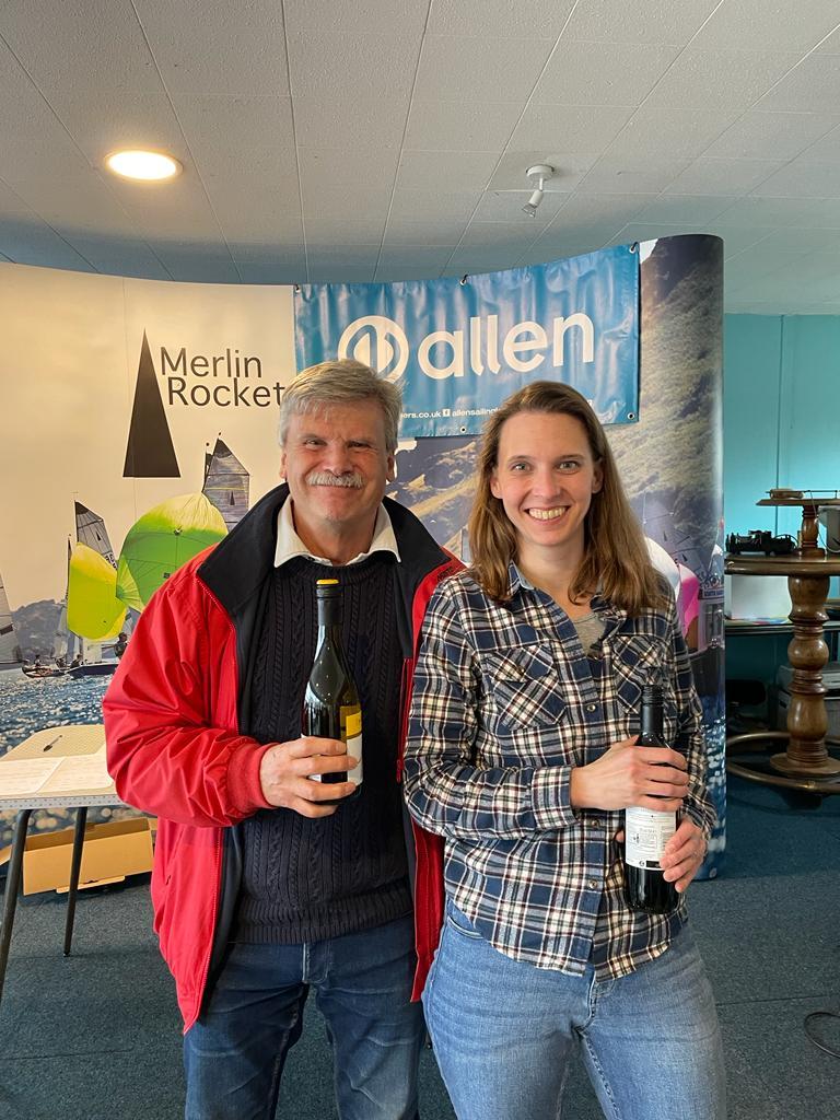 First home club boat, Duncan Salmon and Ruth Hanstater, in Merlin Rocket Allen South East Series 2023 Round 1 at Wembley photo copyright Livvy Bell taken at Wembley Sailing Club and featuring the Merlin Rocket class