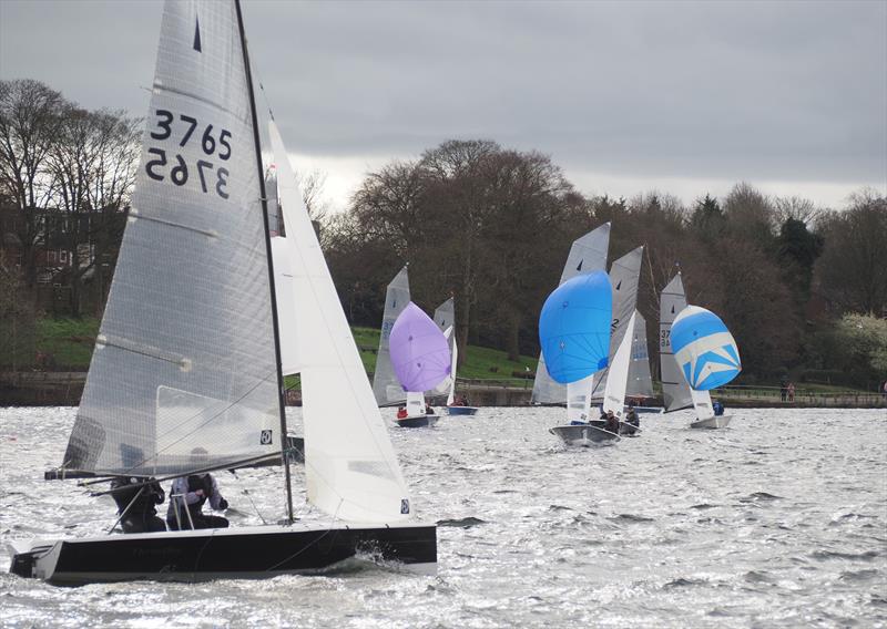 Rich and Ashanti lead the fleet in Race 1 at the Merlin open at Midland Sailing Club - photo © Julian Harms