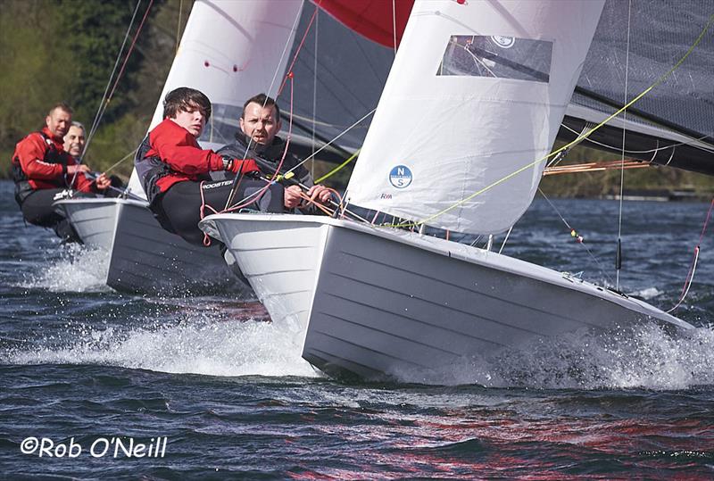 Alan Krayling and Pete Nicholson chase down James Goodfellow and George Major during the Allen South East Merlin Rocket event at Broadwater Sailing Club photo copyright Rob O'Neill taken at Broadwater Sailing Club and featuring the Merlin Rocket class