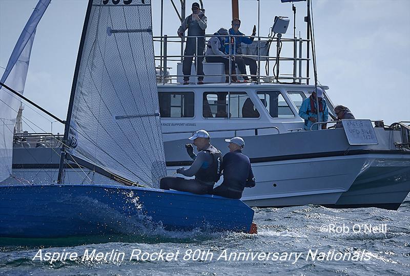 Rob Allen punches the air with joy as they cross the finish line first on day 6 of the Aspire Merlin Rocket Nationals at the WPNSA - photo © Rob O'Neill
