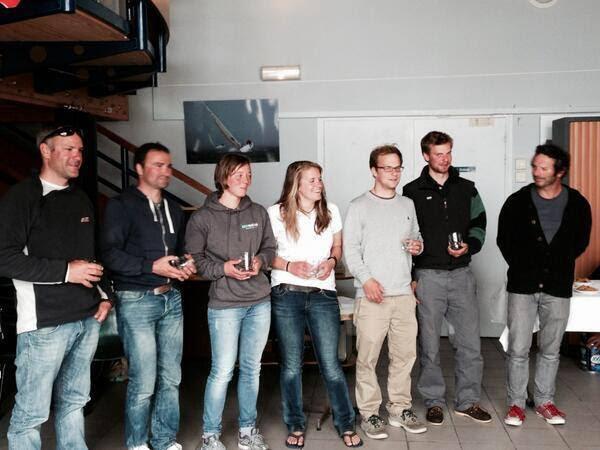 UK Solent 6.50 Mini race prize giving (l to r) Olivier Morvan, Olivier Andre, Lizzy Foreman, Nikki Curwen, Felix K'ster, Morgan Bogacki. (Absent: Toby Iles and Pip Hare - already en route to Cherbourg!) photo copyright Graham Nixon, Caroline Pommeret & Yves Le Blevec taken at Société Nautique de La Trinité-sur-Mer and featuring the Mini Transat class