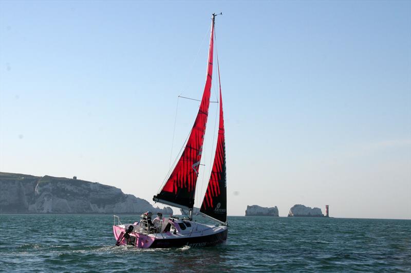 Natasha Lambert approaching the Needles photo copyright Alasdair Boden taken at  and featuring the Mini Transat class