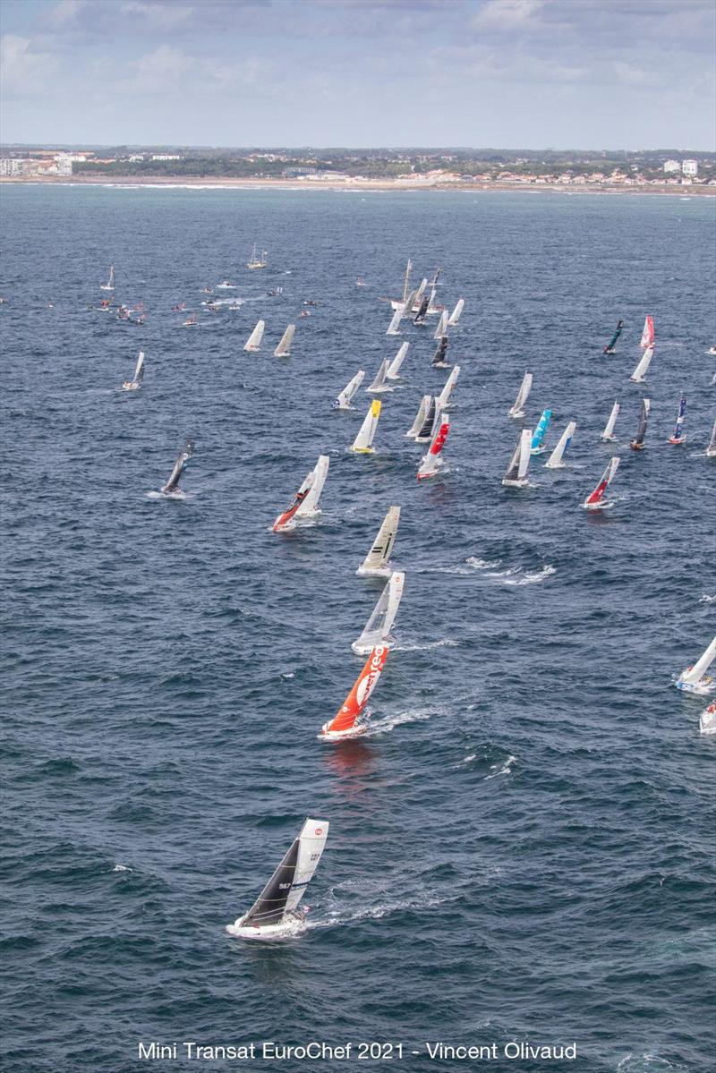 Mini Transat EuroChef 2021 Leg 1 sets off from Les Sables d'Olonne photo copyright Vincent Olivaud taken at  and featuring the Mini Transat class