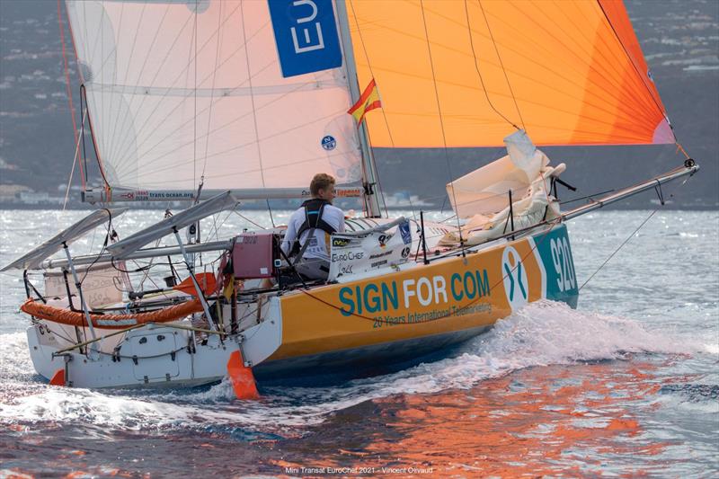 Melwin Fink (920 - SIGNFORCOM) first Production boat in Mini Transat EuroChef 2021 Leg 1 photo copyright Vincent Olivaud taken at  and featuring the Mini Transat class