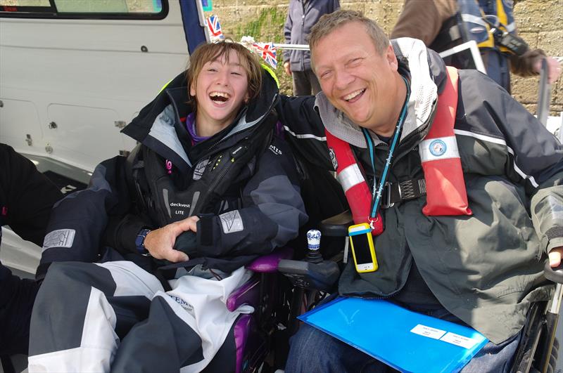 Geoff Holt with Natasha Lambert after she completes her Channel crossing in Dover photo copyright RYA taken at Royal Cinque Ports Yacht Club and featuring the Mini Transat class