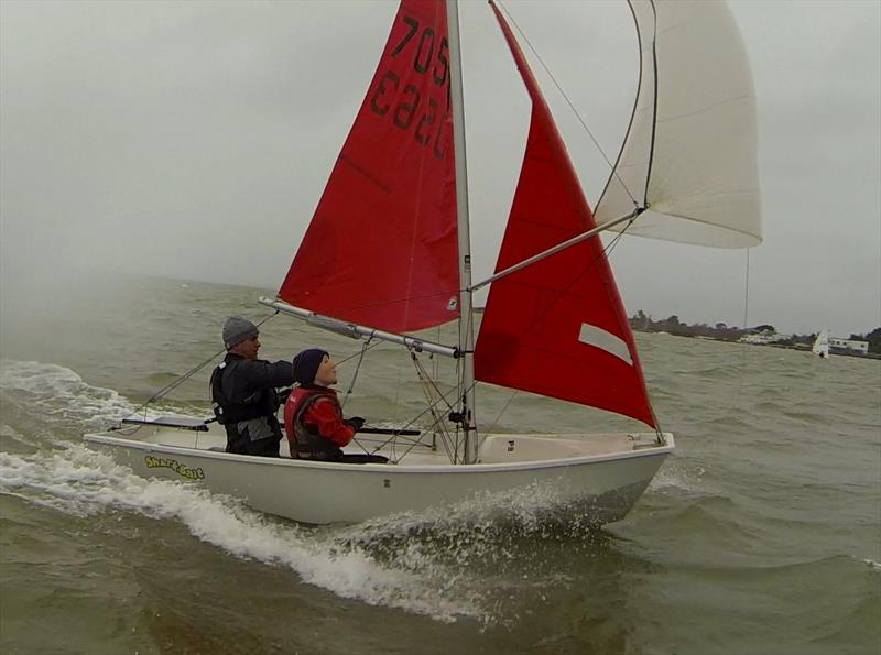 Nigel and Olsa in their Mirror during the Hill Head Brass Monkey photo copyright Andre Ozanne taken at Hill Head Sailing Club and featuring the Mirror class