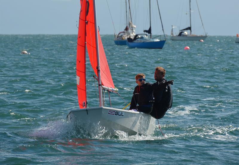 Runners up Alfie and Paul Cullen, working out how to overtake the Burltons at Abersoch Mirror Week 2018 - photo © John Edwards