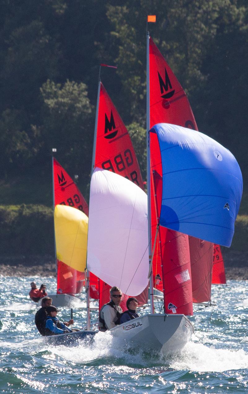 Chris and Daisy Fuller just ahead of Simon Hiscocks and Josephine Rist-Heppell during the Gul Mirror Nationals at Restronguet photo copyright Kyle Brown taken at Restronguet Sailing Club and featuring the Mirror class