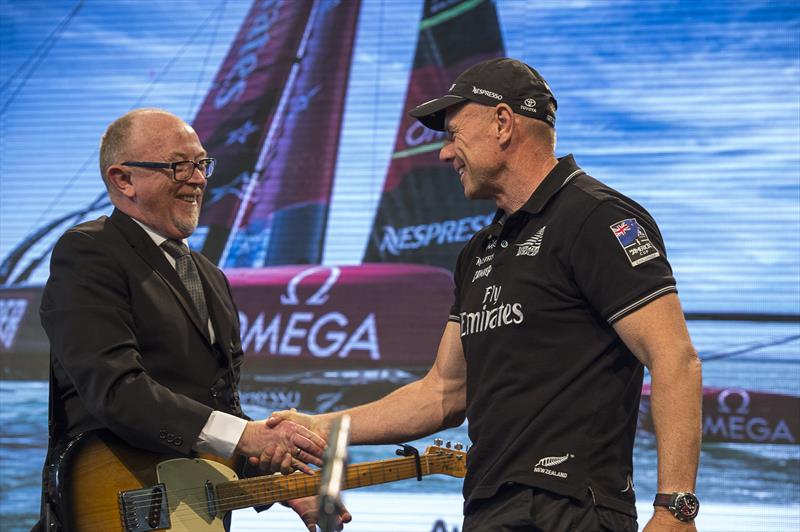 Dave Dobin is thanked by Grant Dalton after singing welcome home to Emirates Team New Zealand at the welcome home event in shed 10 in Auckland photo copyright Chris Cameron / ETNZ taken at 