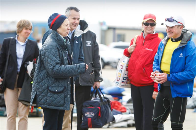 HRH Princess Royal chatting to Jamie Calder on day 4 of the RYA Youth National Championships photo copyright Paul Wyeth / RYA taken at Weymouth & Portland Sailing Academy