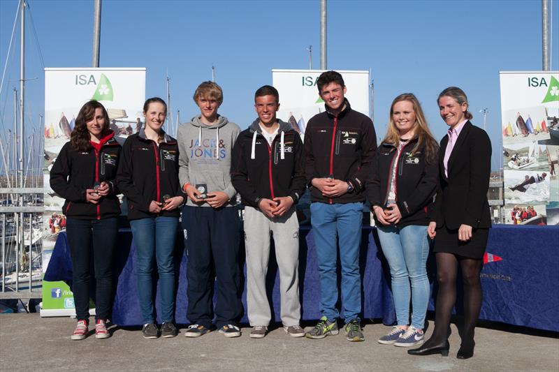 Irish Team for the ISAF Youth Sailing World Championships (l to r) Cara McDowell, Lizzie McDowell, Robert Dickson, Sean Waddilove, S'afra Guilfoyle, Sarah Eames, Laura Dillon (ISA Director) photo copyright Aidan Tarbett Photography taken at Howth Yacht Club