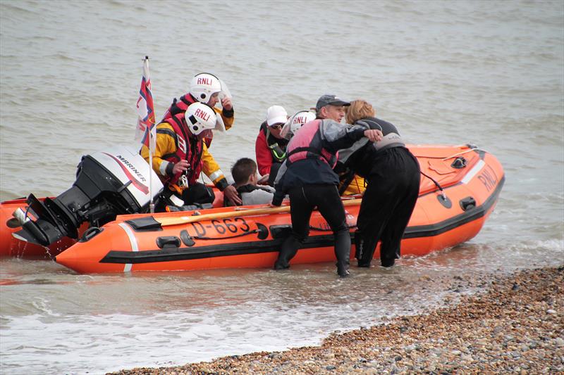 Landing a casulty ashore from Walmer Inshore Lifeboat during the RNLI Exercise at Downs Sailing Club photo copyright Jo Thomson taken at Downs Sailing Club