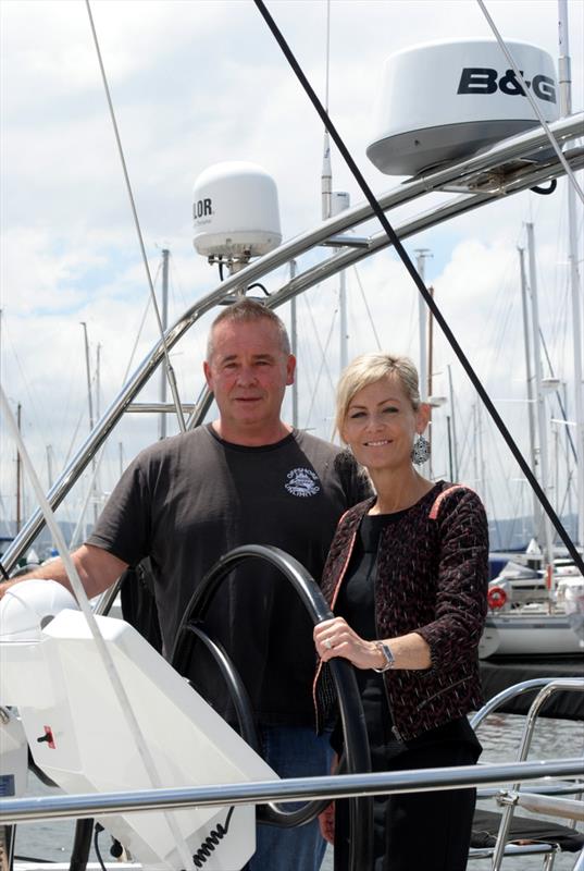 Greg Prescott explains Infinity's twin steering system to Elise Archer MP, Speaker of the Tasmanian House of Assembly, who launched the 2014 National Pies Launceston to Hobart Yacht Race photo copyright Peter Campbell taken at Derwent Sailing Squadron