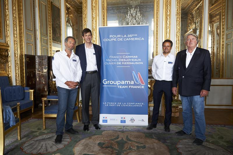 Michel Desjoyeaux, Thierry Martel CEO of Groupama, Franck Cammas and Olivier de Kersauson photo copyright Yvan Zedda / Groupama Team France taken at 