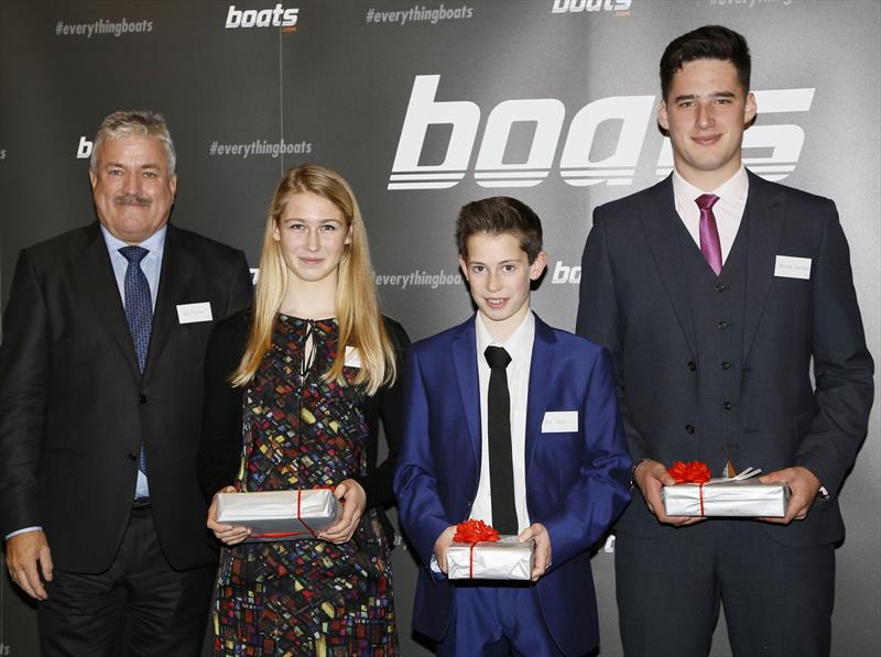 Nominees for the boats.com YJA Young Sailor of the Year Award, presented by Ian Atkins, CEO of boats.com : Eleanor Poole, Jack Lewis and Cameron Tweedle photo copyright Patrick Roach taken at 