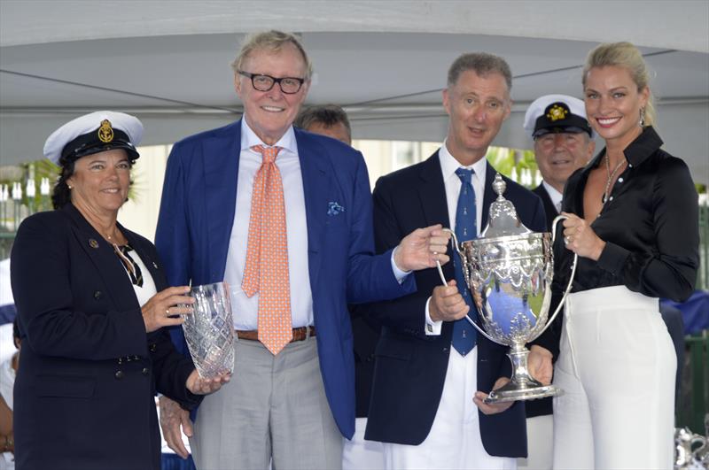 Jim and Kristy Hinze Clark, owners of COMANCHE, presented with the Royal Mail trophy for first tin the Open Division, by His Excellency, The Governor of Bermuda, Geroge Fergusson  and Leatrice Oatley, Commodore of the Royal Bermuda YC photo copyright Barry Pickthall / PPL taken at Royal Bermuda Yacht Club