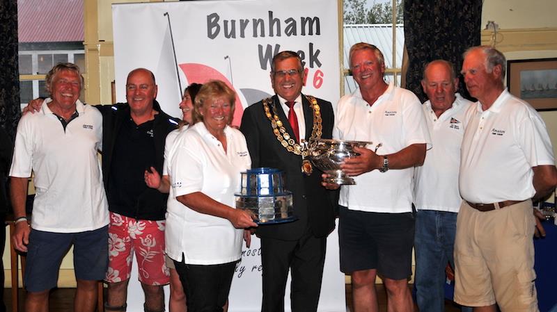 Ron Pratt, the Mayor, presents the Town Cup presented to Tony and Chuffy Merewether and crew at Burnham Week - photo © Alan Hanna