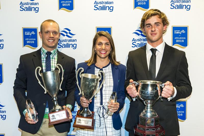 Tom Burton, Male Sailor of the Year; Lisa Darmanin, Female Sailor of the Youth and Alistair Young, Youth Sailor of the Year, at the Australian Sailing Awards 2016 photo copyright Andrea Francolini taken at Australian Sailing