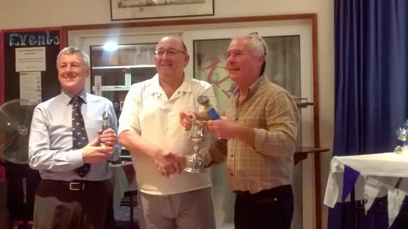 Jack Mann & Ron Goggin, winners of the Thursday series, medium class, with Dave Kilby at the Torpoint Mosquito dinghy prize giving photo copyright Brigitte Mann taken at Torpoint Mosquito Sailing Club